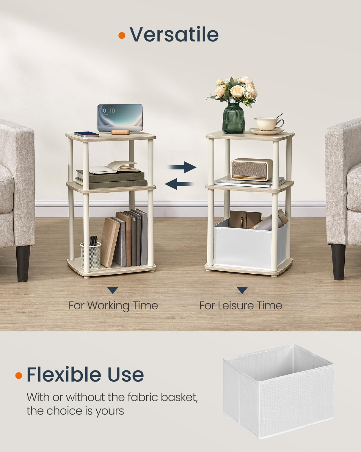 SONGMICS HOME Side Table, 3-Tier Nightstand with Storage, End Table with Fabric Basket, for Bedroom, Living Room, Steel Frame, Superfast Toolless Assembly, Modern, Natural Beige ULET286N01 SONGMICS HOME