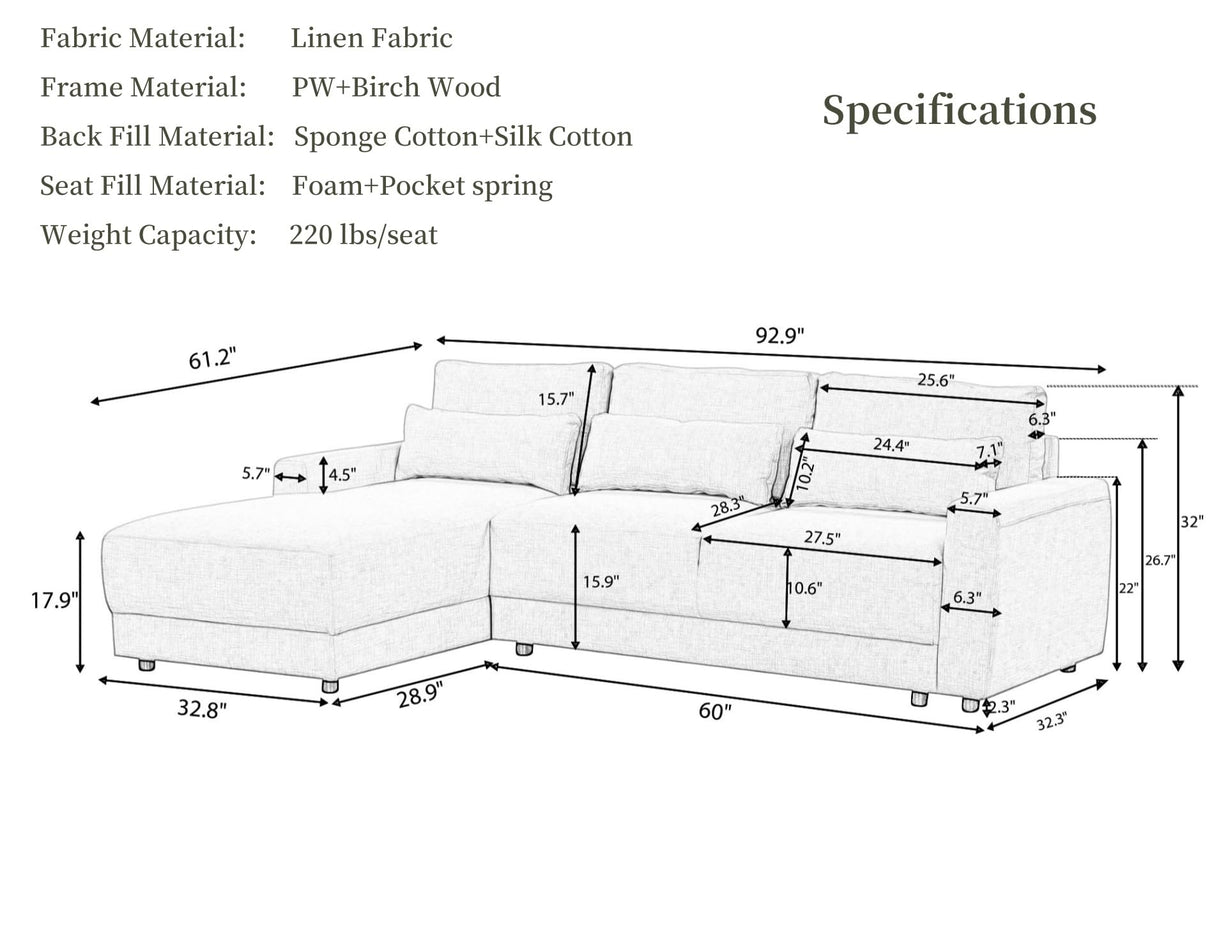 Merax 93"*61" Linen Sectional Couches with Removable Back Cushions and 3 Pillows, Birch Wood L-Shaped Upholstered Modular Sofa Chaise for Living Room, Offices, Apartment, Beige Merax