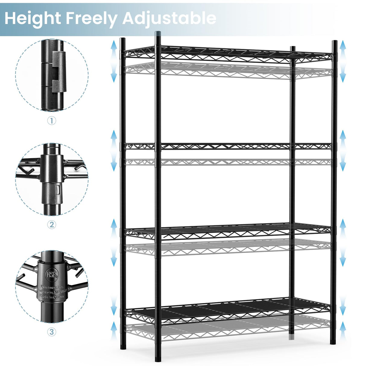 Whitmor 4 Tier Shelving Unit, Metal Storage Shelves, Adjustable Heavy Duty Shelf with Wheels , 400 lbs Capacity per Shelf, 1600 lbs Total for Home, Garage, Workshop, 36"L x 14"W x 54"H, Black Whitmor