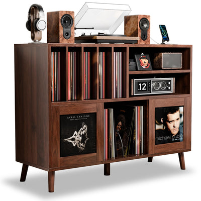 XL Record Player Stand with Sliding Doors, 500+ Vinyl Record Storage Cabinet with Charging Station & USB Ports, Mid Century Modern Record Player Table,Turntable Stand with Wood Legs for Living Room