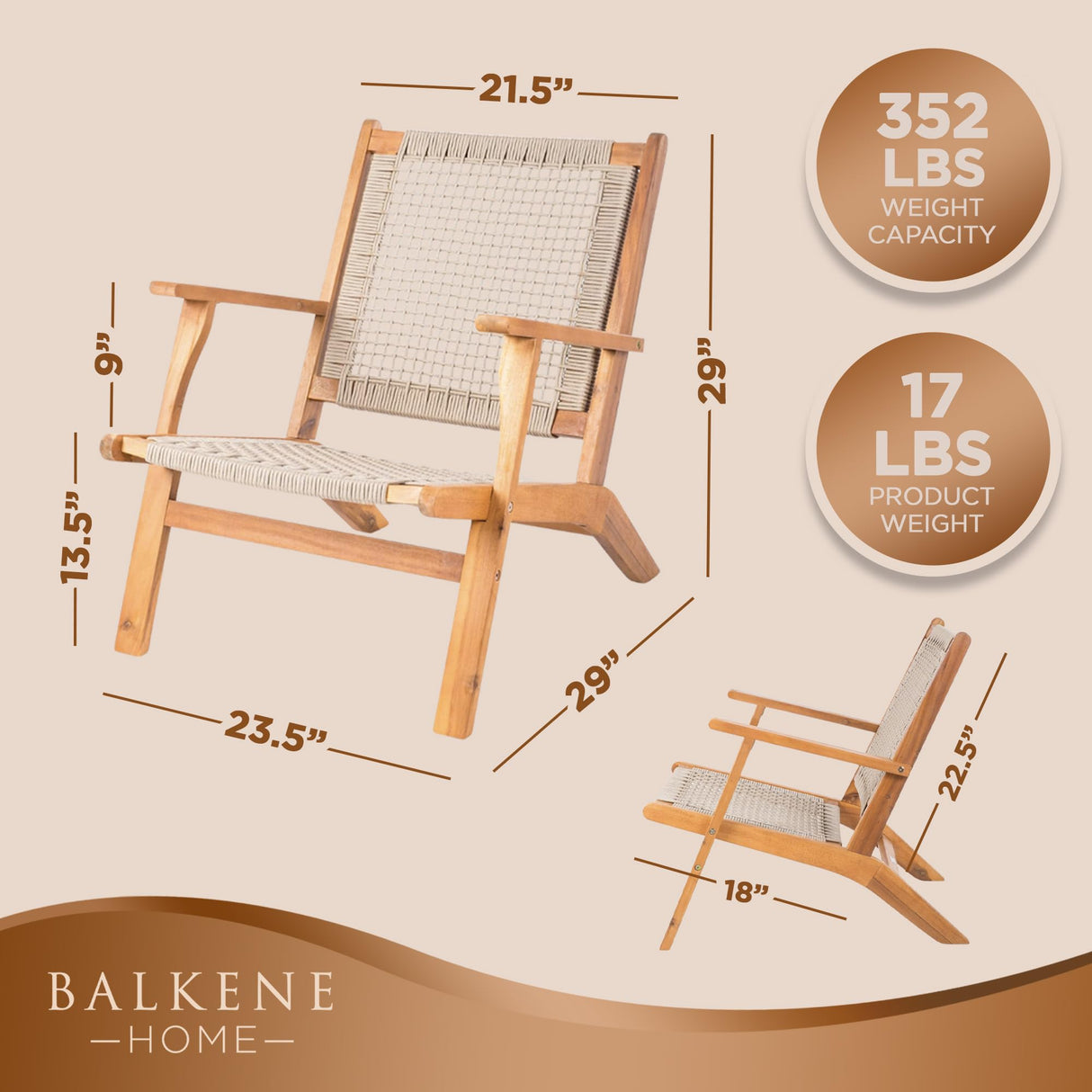 Patio Sense 62773 Vega Natural Stain Outdoor Chair Acacia Wood Construction Hand Woven Seat Mid Century Design Comfortable Reclining Armchair Patio Lawn Garden Backyard Deck - Ecru Cording Patio Sense