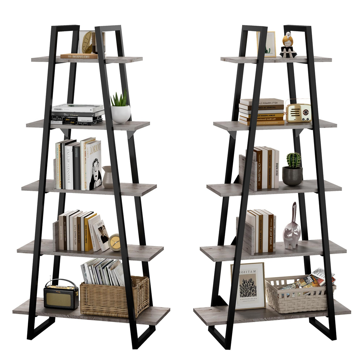 IDEALHOUSE 72" Book Shelf with Metal Frame, A-Shape Ladder Shelf with 5-Tier Wood Adjustable Shelves, Industrial Bookcase with Function Bezel for Home Living Room Bedroom Office Storage, Grey IDEALHOUSE