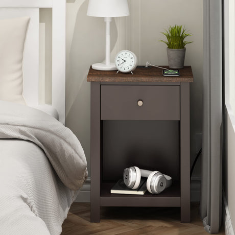 ChooChoo Nightstand with Charging Station, Wooden Top Bedside Table with Drawer and Storage Space for Bedroom, Espresso ChooChoo