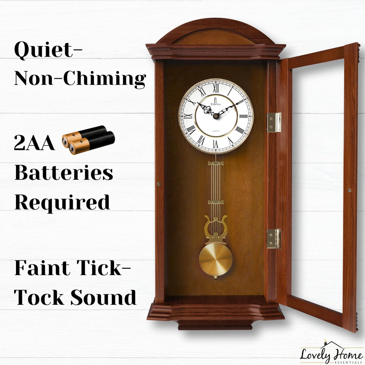 Pendulum Wall Clock Battery Operated - Large, Wooden Hanging Grandfather Wall Clock with Pendulum, 27x11 - Quiet, Made with Real Wood for Living Room Decor, Office & Home Décor Gift Lovely Home Essentials