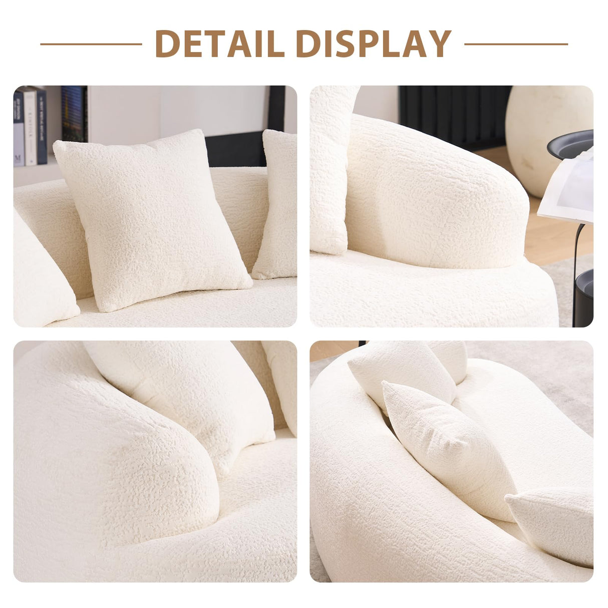 Hnvzldn 65" Curved Loveseat for Small Spaces,Boneless Loveseat Sofa,Wood Grain Chenille Fabric, No Installation Requirement, Curved Sofa Couch for Apartment,Living Room,Office (White, 65") Hnvzldn