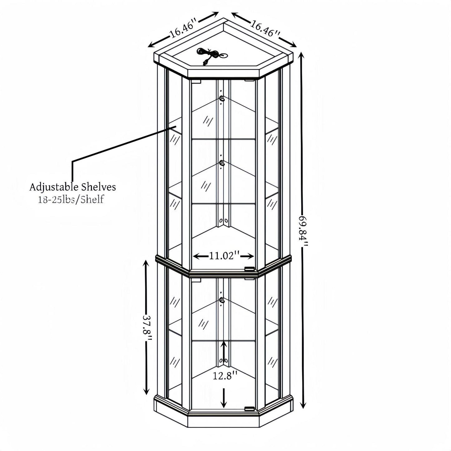 CKEASEAN Curio Cabinet Lighted Glass Display Cabinet, Tempered Glass Door and Shelve, Wood Corner China Cabinet Inclued Bulb, Corner Cabinet Rack for Living Room (Oak, 16.5''L 16.5''W 69.85'' - WoodArtSupply