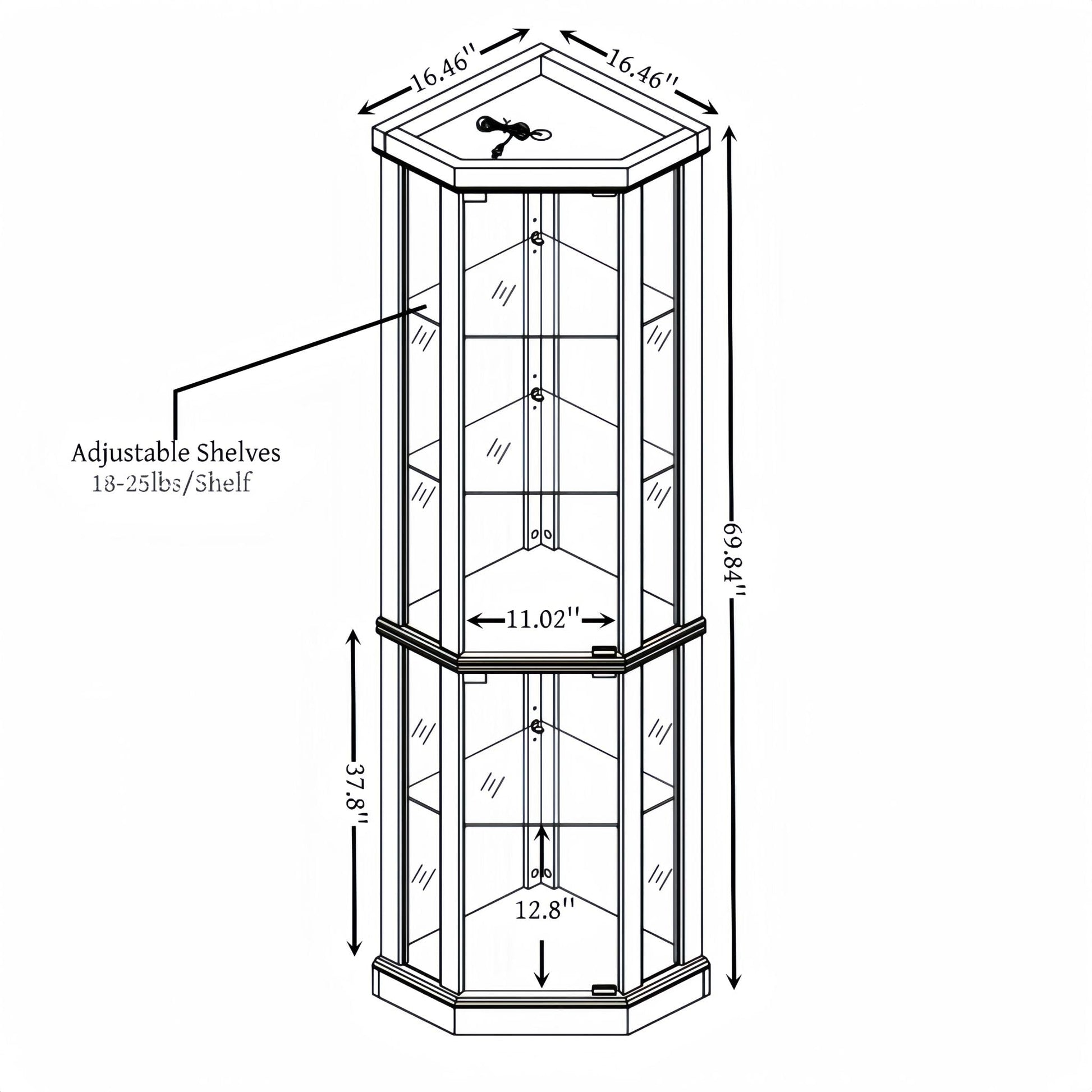 CKEASEAN Curio Cabinet Lighted Glass Display Cabinet, Tempered Glass Door and Shelve, Wood Corner China Cabinet Inclued Bulb, Corner Cabinet Rack for Living Room (Oak, 16.5''L 16.5''W 69.85'' - WoodArtSupply