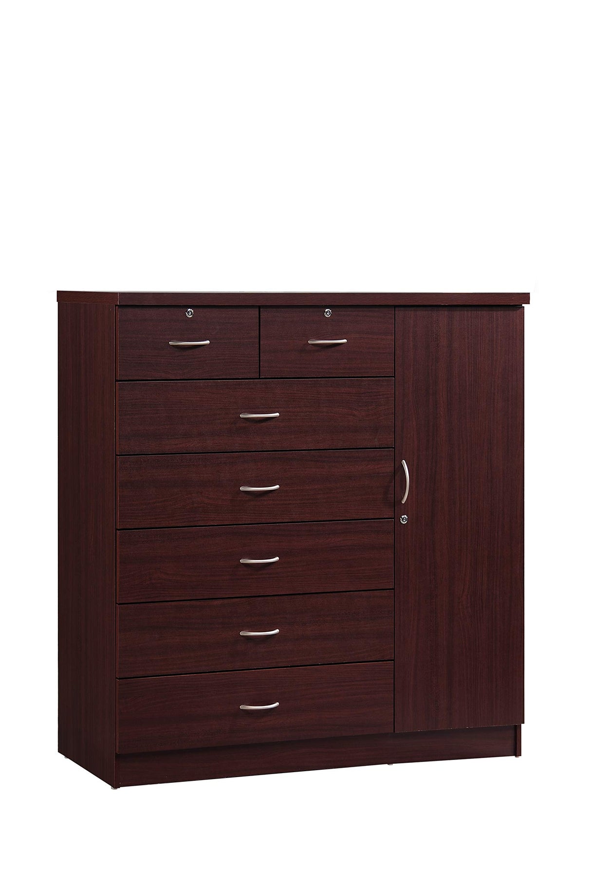 Hodedah 7 Drawer Jumbo Chest, Five Large & Two Smaller Drawers with Two Lock, Hanging Rod, and Three Shelves | Mahogany, 17.76" D X 47.24" W X 48.39" H Hodedah