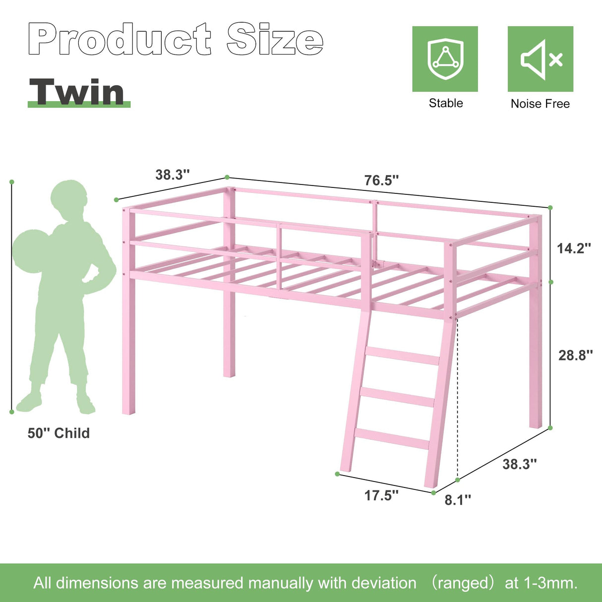 Lutown-Teen Metal Loft Bed with Stairs and Guardrail for Juniors, Space Saving Loft Bed Twin Size for Small Bedroom, Pink Lutown-Teen