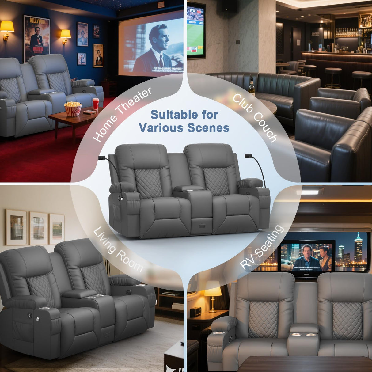 DG PEAFOWL Loveseat Recliner Sofa, Home Theater Seating with Center Console, Reclining Loveseat RV Couch with USB Ports & Phone Holders, Wall Hugger RV Sofa Furniture with Storage & Pocket DG PEAFOWL