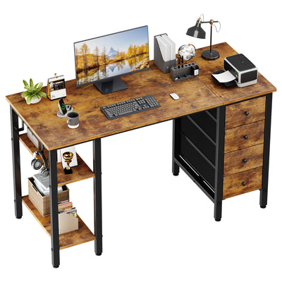 Lufeiya 47 inch Computer Desk with 4 Drawers & Storage Shelves, Writing Work Study Desk for Home Office Bedroom, Modern Simple Student PC Desks Table, Rustic Brown