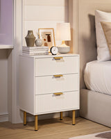 AEPOALUA Nightstand with 3 Drawers,Fluted Bedside Table with Gold Frame,25.7" H White Night Stand,Mid Century Modern Side Accent Table for Bedroom,Living Room AEPOALUA