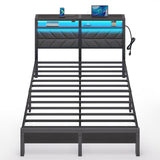 Seventable Queen Size Bed Frame with LED Lighting and Charging Station, Upholstered Storage Headboard, Noise-Free Metal Platform Design Seventable