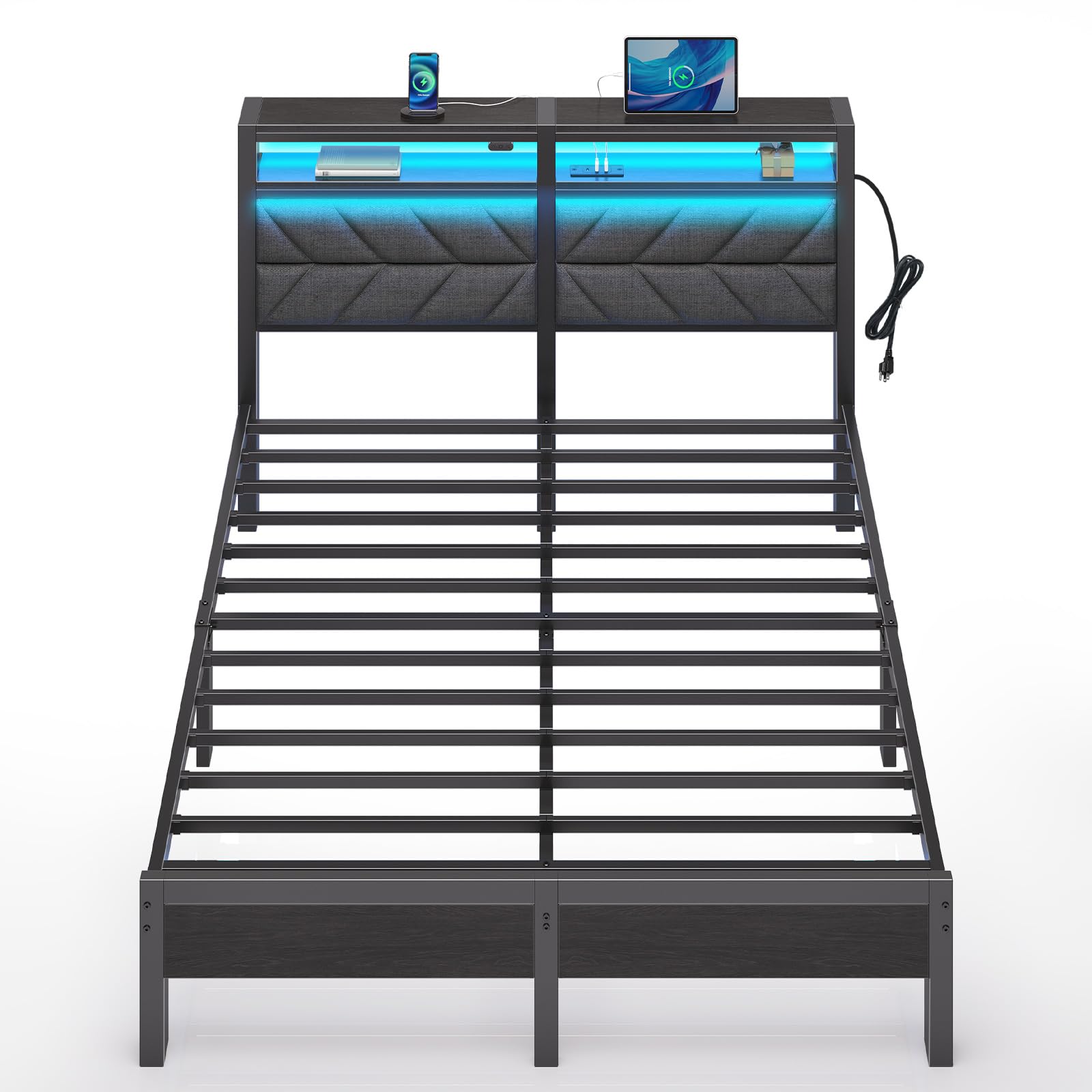 Seventable Queen Size Bed Frame with LED Lighting and Charging Station, Upholstered Storage Headboard, Noise-Free Metal Platform Design - WoodArtSupply