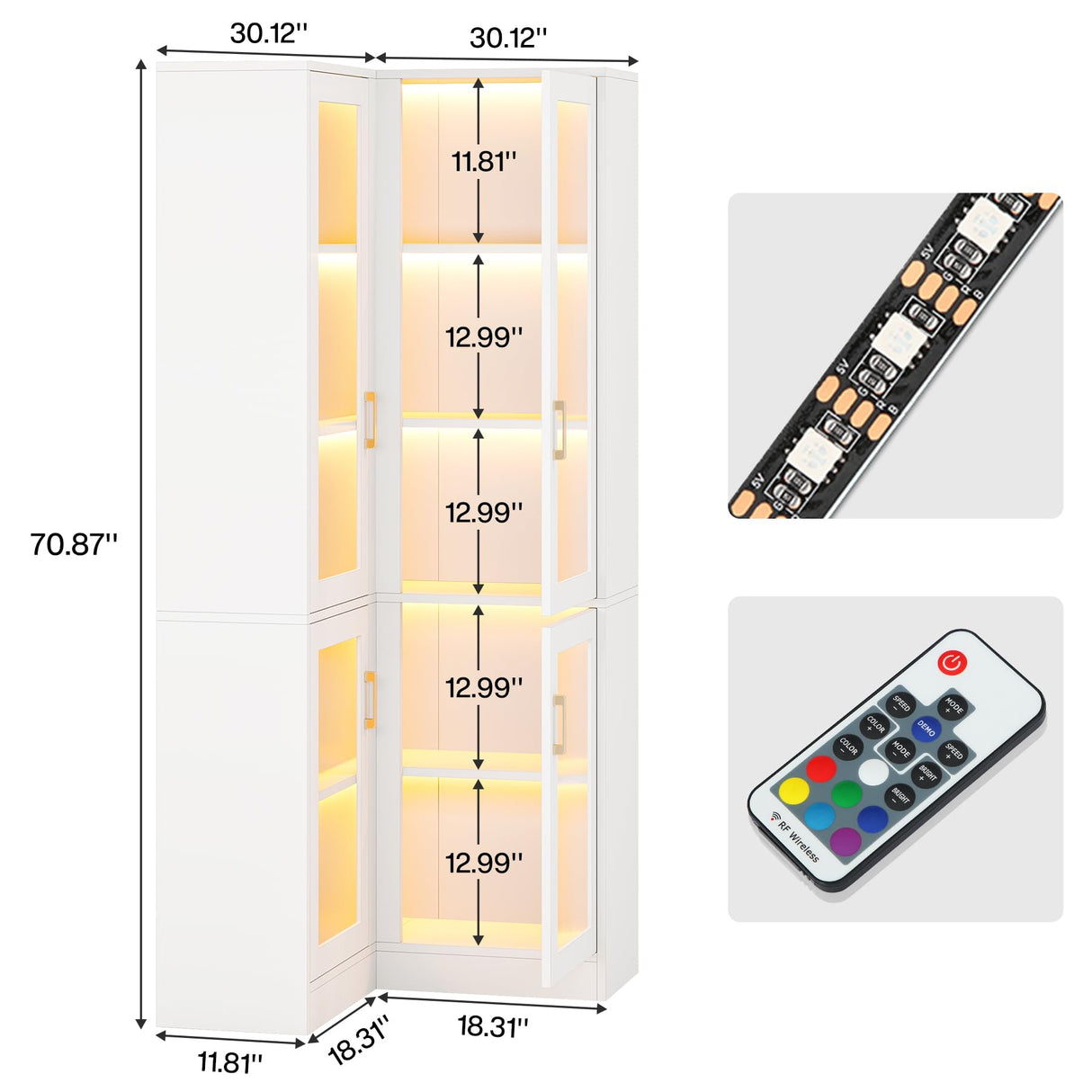 Tribesigns 70.9" Tall Bookcase with LED Light, Modern 5-Tier Bookshelf Display Cabinet with 4 Acrylic Doors, L-Shaped Corner Storage Cabinet for Bedroom Living Room Office, White Tribesigns