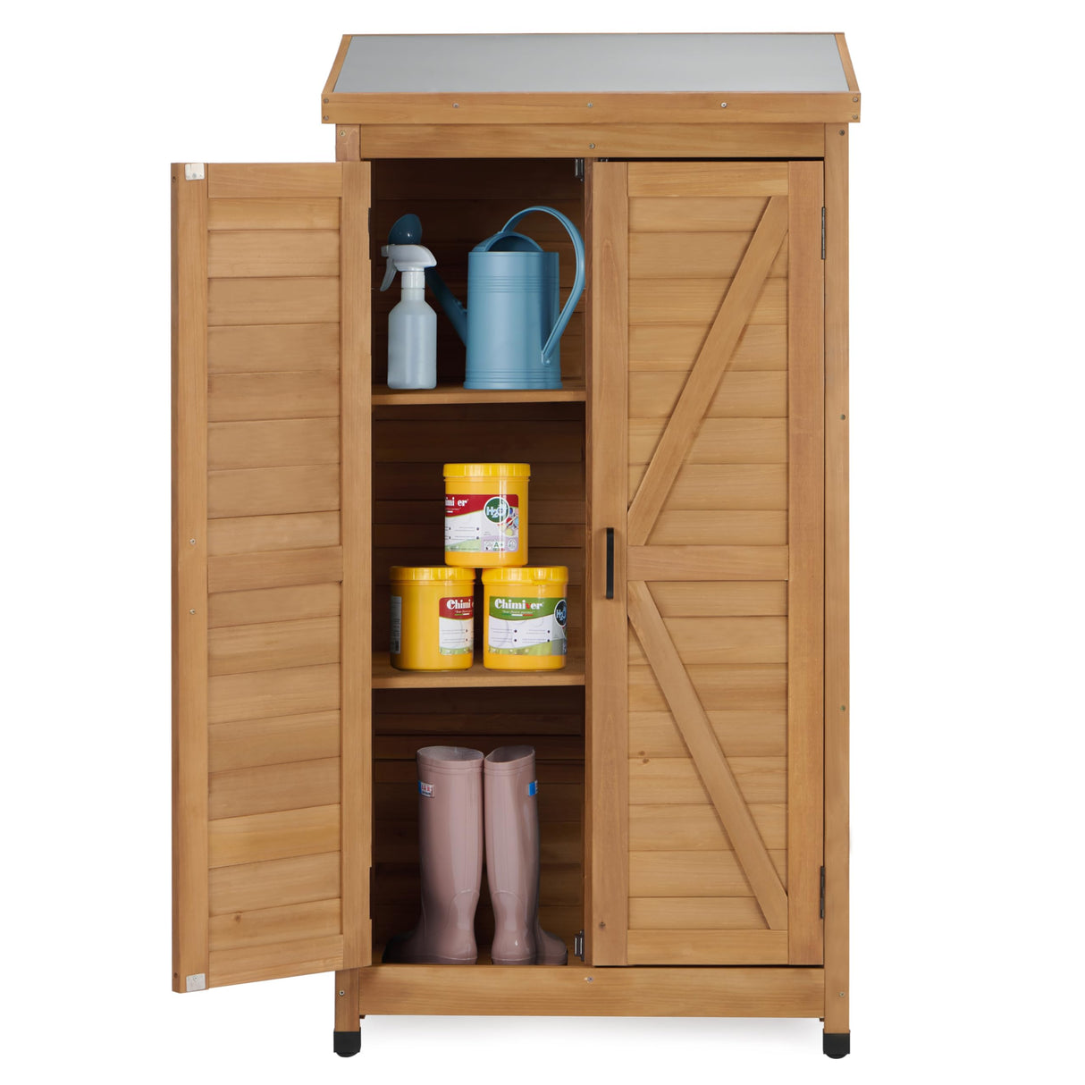 58''x30''x18'' Outdoor Wooden Storage Shed with Metal Top Tall Vertical Tool Cabinet for Backyard Garden Patio Lawn (Gold) Mederlo