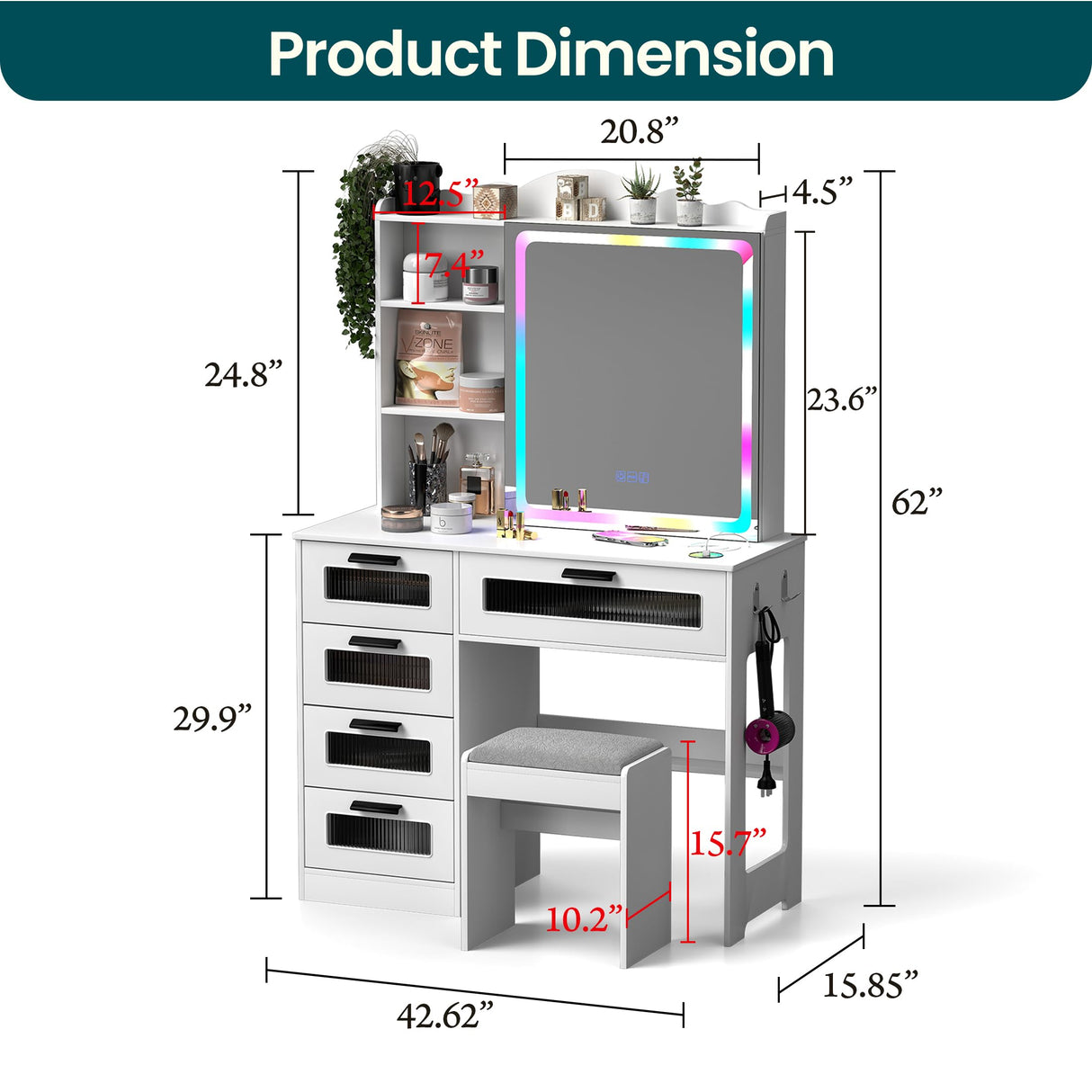 SumKea RGB LED Vanity Desk, Makeup Vanity Table with Mirror and Lights, Vanities Dressing Table with Drawers, Cushioned Stool, White SumKea