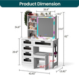 SumKea RGB LED Vanity Desk, Makeup Vanity Table with Mirror and Lights, Vanities Dressing Table with Drawers, Cushioned Stool, White SumKea