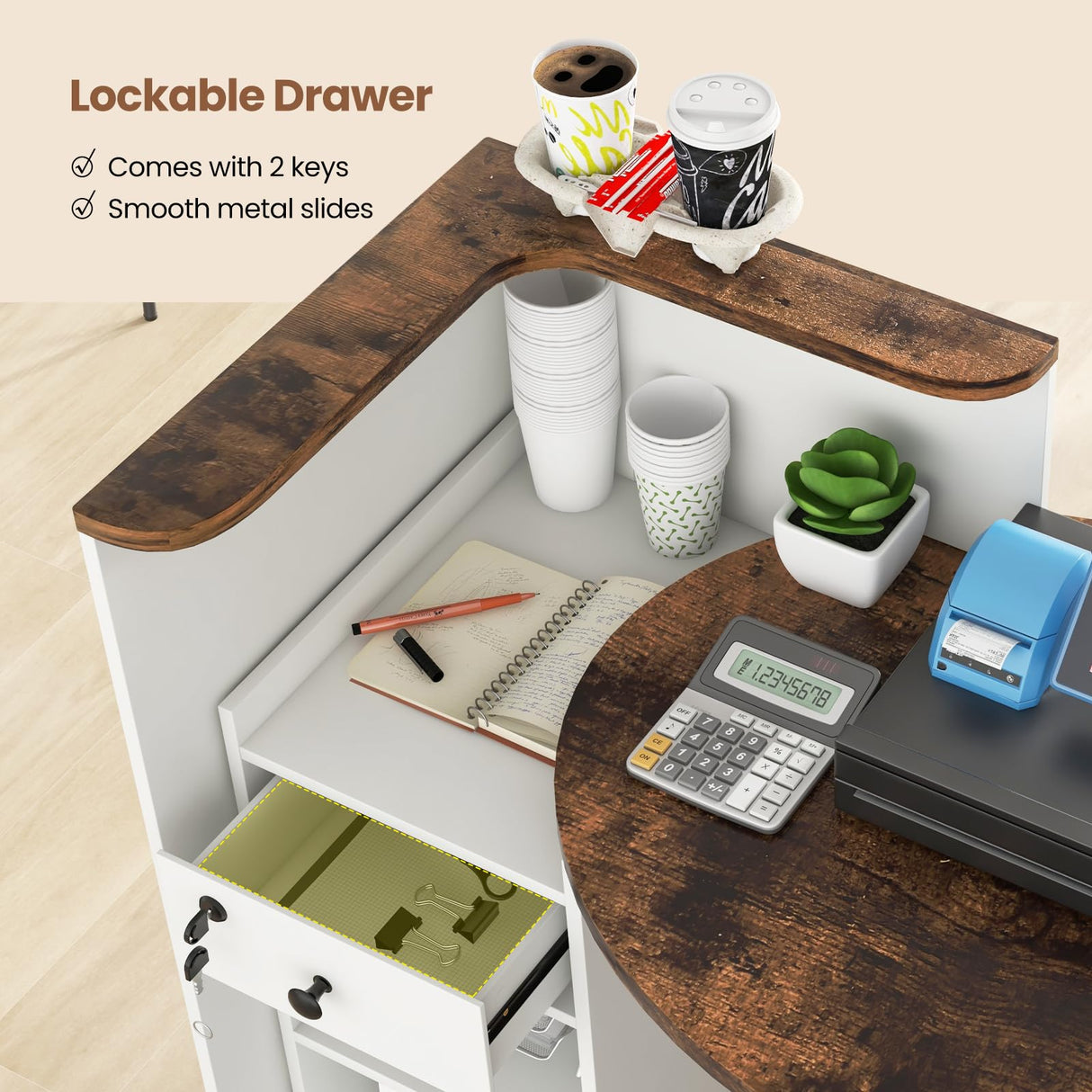 IFANNY Reception Desk, 48’’ Retail Counter w/Lockable Drawer & Storage Shelf, L-Shaped Reception Table, Wooden Computer Desk for Salon, Restaurant, Office (Rustic Brown & White) IFANNY