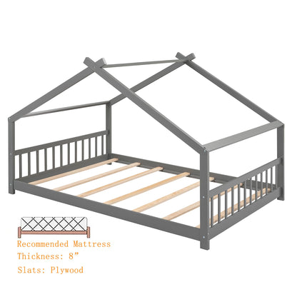 Bellemave Full-Size Montessori Floor Bed Frame with Playhouse Design in Grey - WoodArtSupply