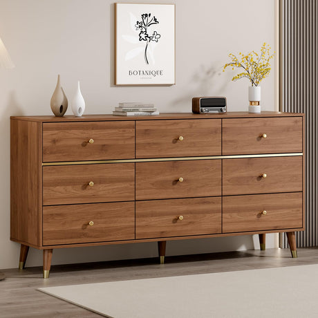Chrangmay 9 Drawer Dresser,63" Wide Mid Century Modern Chest of Drawers,Wooden Bedroom Drawer Dresser with 9 Storage Drawers for Bedroom, Living Room,with Anti-Tipping Device,Walnut Chrangmay