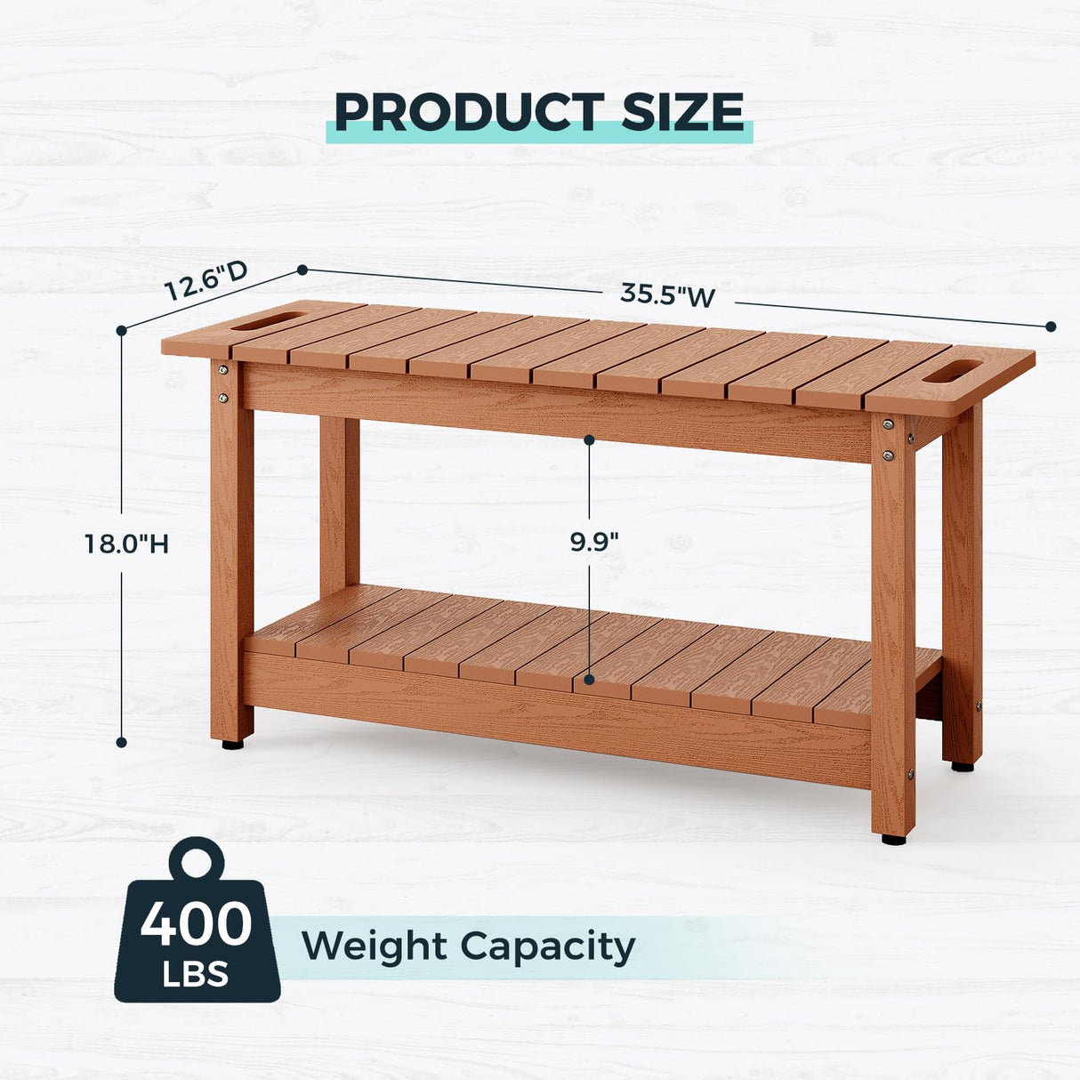 LAHAAP 35" Shower Bench, Waterproof Poly Lumber Shower Stool for Shaving Legs, Shower Chair Seat Holds up to 400lbs, Bathroom Bench for Inside Shower, Non-Slip (Brown) LAHAAP