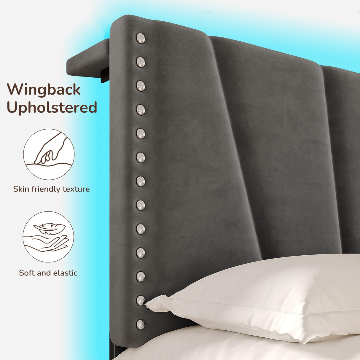 EnHomee King Size Bed Frame with Velvet Headboard and LED Lights, Storage Headboard Platform Bed with Charging Station, Sturdy Wooden Slats Support,Noise-Free,Easy Assembly, Dark Gray EnHomee