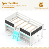 Giantex Low Loft Bed with LED Lights, Wooden Twin Size Loft Bed with Ladder & Blackboard, Twin Bed Frames for Kids with Storage 2 Bookcases and Play Space, White Giantex