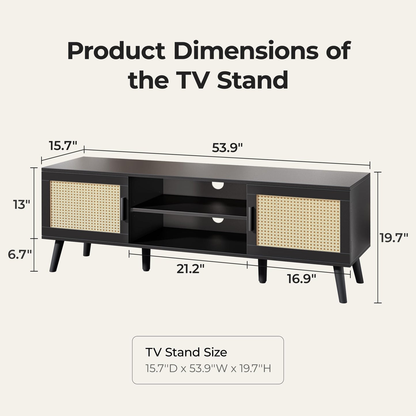 SUPERJARE 65 Inch TV Stand, Entertainment Center with Adjustable Shelf, Rattan TV Console with 2 Cabinets, Media Console, Solid Wood Feet, 4 Cord Holes, for Living Room, Black