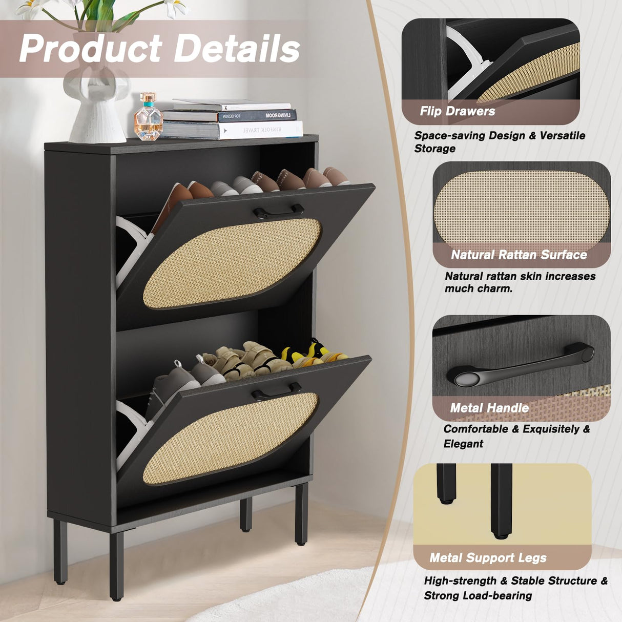 SUNCROWN Shoe Storage Cabinet with 2 Flip Drawers, Freestanding Narrow Shoe Rack Organizer for Entryway with Natural Semi-Circular Rattan Doors, Shoe Shelves,Black SUNCROWN