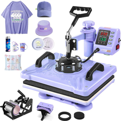 AKEYDIY Upgraded 5 in 1 Heat Press Machine for Tshirts 12X15 Inch, 360° Swing Away Shirt Press Machine for Sublimation, Multifunctional Heat Transfer Machine Combo for Shirts (Purple-5 in 1)