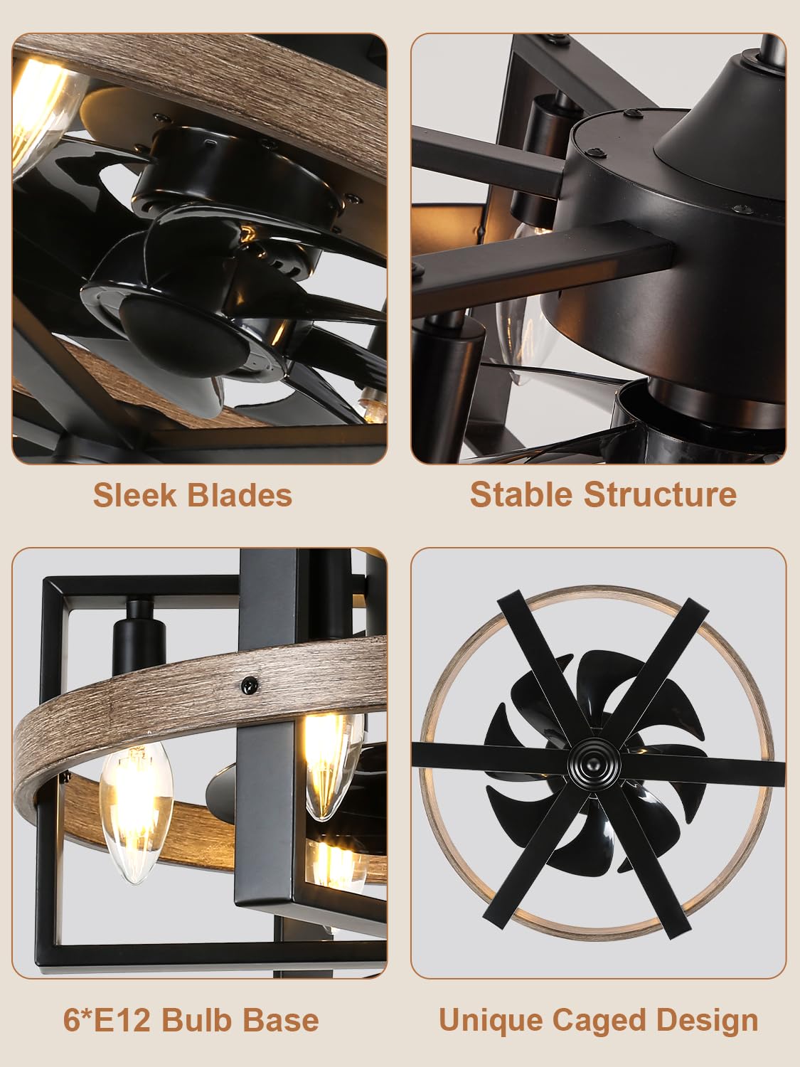 Curve Curio 18 Inch 6-Lights Farmhouse Caged Ceiling Fan with Light, Retro Industrial Enclosed Rustic Ceiling Fans with Remote Control for Bedroom Living Room Curve Curio