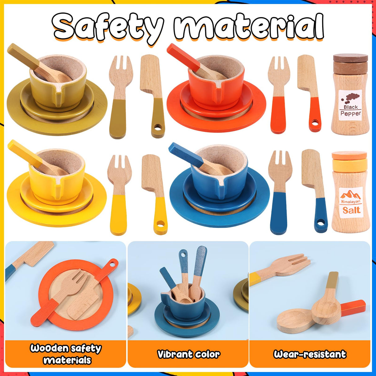 FALESOUL 26Pcs Wooden Toy Kitchen Dish Set, Toddler Plates and Cutlery Set Toy with Plates Cups Spoons, Toy Kitchen Accessories Kids Role Play Gift for Age 3+ Years FALESOUL