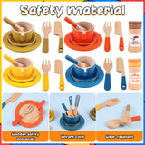 FALESOUL 26Pcs Wooden Toy Kitchen Dish Set, Toddler Plates and Cutlery Set Toy with Plates Cups Spoons, Toy Kitchen Accessories Kids Role Play Gift for Age 3+ Years FALESOUL