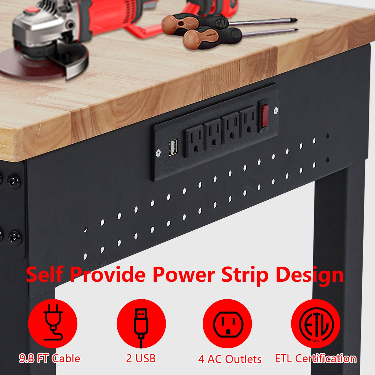 EuKer Workbench 48x24 Inch, Adjustable Height Worktable for Garage, Rubber Wood Top & Cold-Rolled Steel Table Workbench, Heavy Duty Workstation with Power Outlets & Wheels, 2000 Lbs Load Capacity Euker