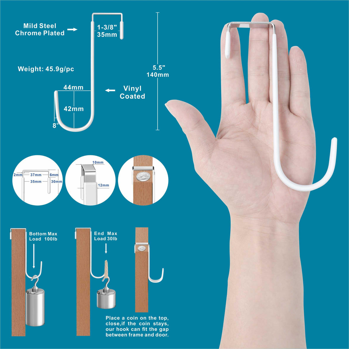 Mars-Rock Over The Door Hooks 4 Pcs White Rubber Coating L=5.5" for 1 3/8" Door Hanging Bathroom Closet Cabinet Hangers for Towel Coat Robe Clothes Rack Ironing Board Wreath Heavy Duty Holder Mars-Rock