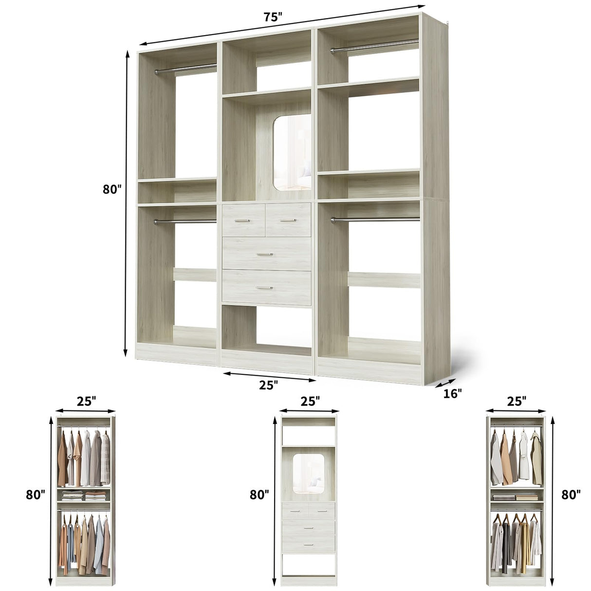Unikito 75” Closet System with 4 Drawers, 6.3FT Wood Walk in Closet Organizer with Hanging Rods and Mirror, Reversible Large Closet Wardrobe with Shelves, Max Load 2000 LBS, White Oak Unikito