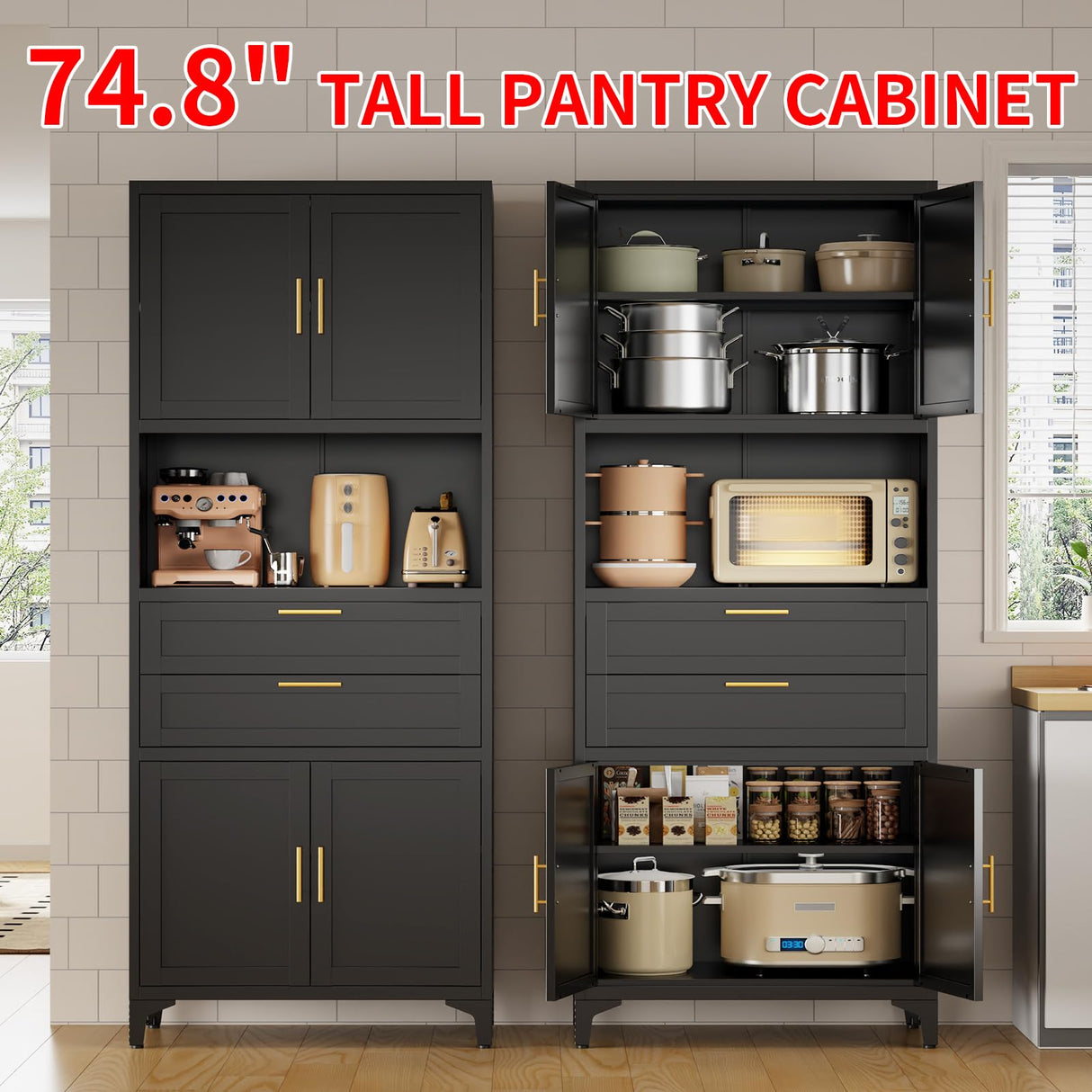 FogQueen 75" Tall Metal Storage Cabinet,Pantry Storage Cabinet with 2 Drawers and Open Space,Kitchen Cupboard with Adjustable Shelves,Multi-Functional Cabinet for Living Room,Bathroom,Garage (Black) FogQueen