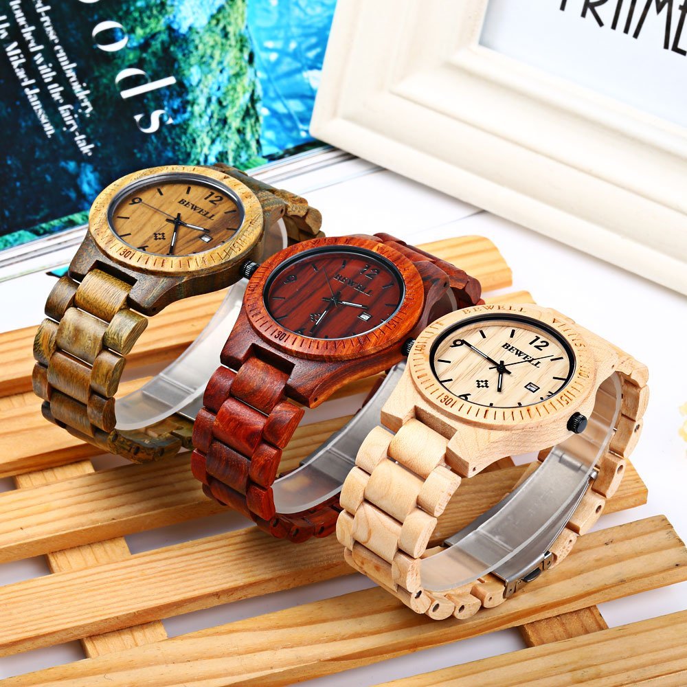 BEWELL W086B Mens Wooden Watch Analog Quartz Lightweight Handmade Wood Wrist Watch (Zebra Wood) BEWELL