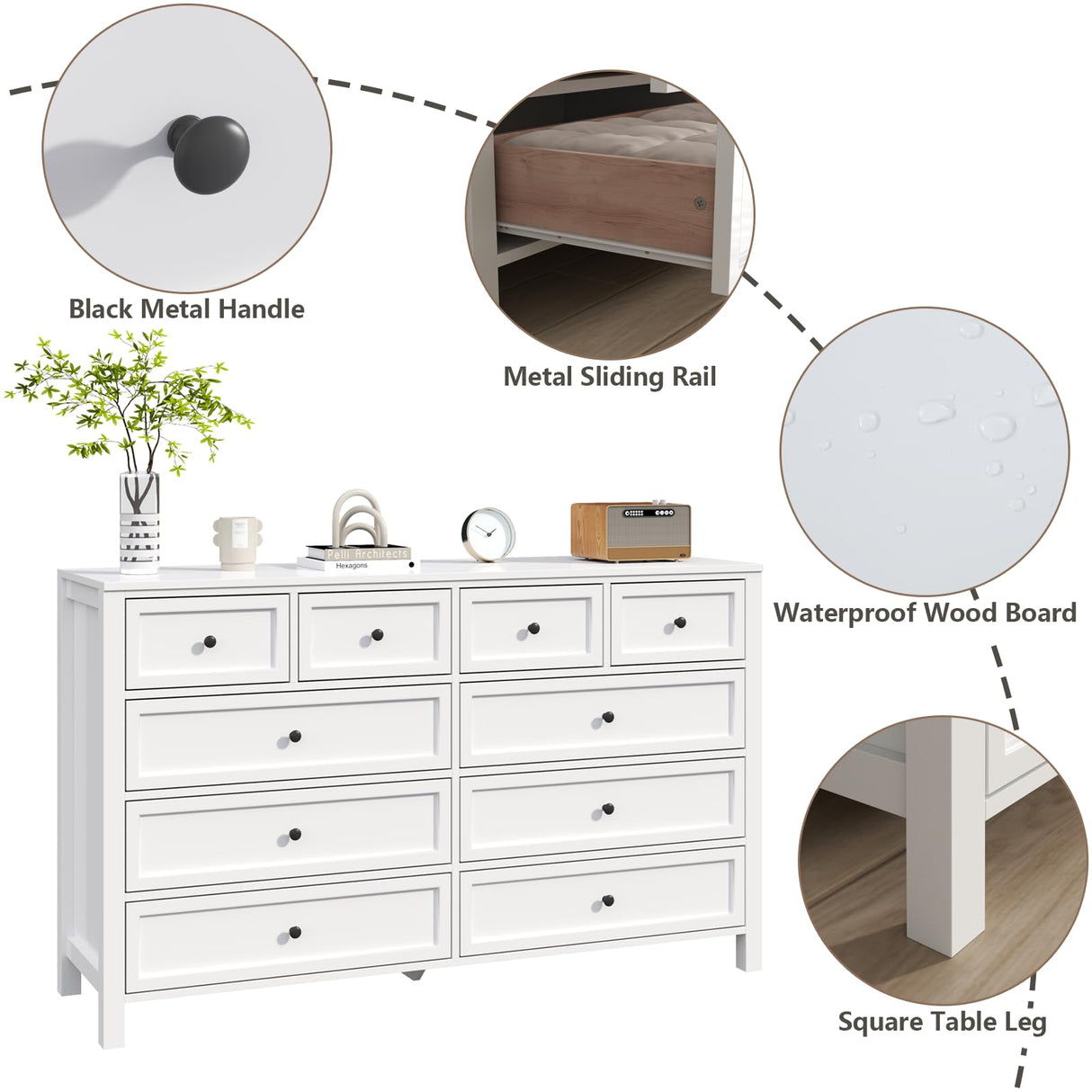 Farmhouse 10 Drawers Dresser for Bedroom, White Dresser Chest of Drawers, Wood Storage Dressers with Deep Drawers and Metal Handle, Wide Modern Dressers & TV Stand for Living Room, Closet, Hallway Gyfimoie