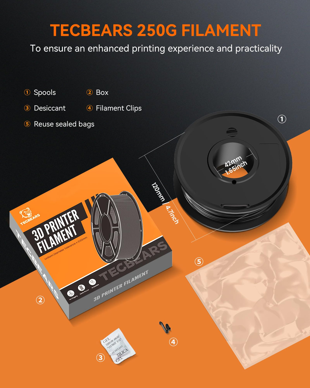 TECBEARS TPU Filament 1.75mm, 95A 3D Printer Filament, Flexible TPU Filament for Fast Printing, 250G Spool, 8 Rolls, 2KG in Total, Black+White+Transparent+Grey+Red+Blue+Green+Orange TECBEARS