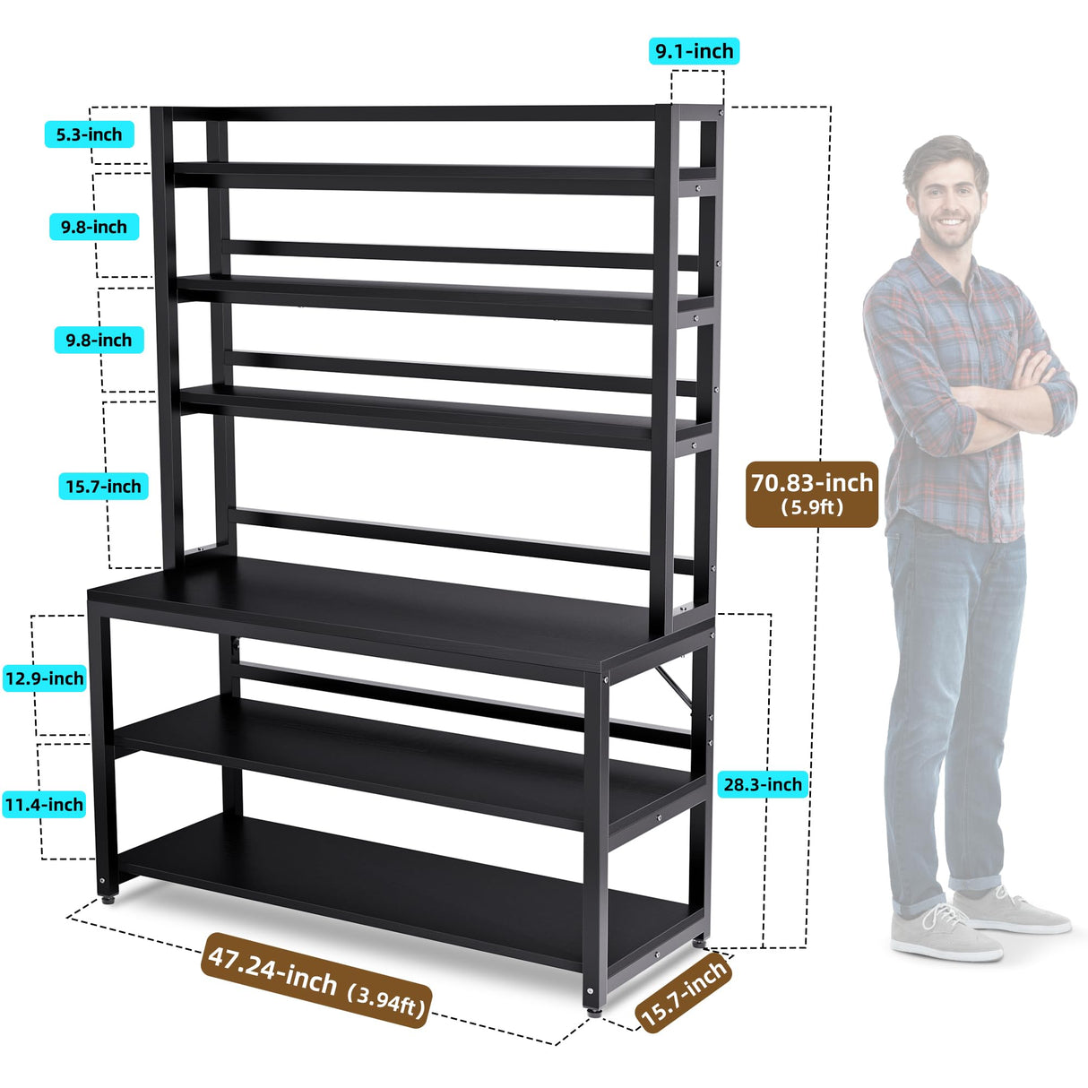 Aquzee Large Bakers Rack for Kitchens, 47in Wide (47.2“W x 15.7”D x 70.8" H) 6 Tiers Kitchen Stand with Hutch & Storage, Black Freestanding Tall Bakers Racks Organizer with Shelves Aquzee