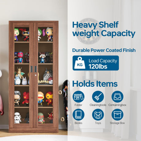 PEUKC Display Cabinet-71 Inches 4 Adjustable Shelves Curio Cabinets with Locking Glass Doors Display Case for Collectibles, Cosmetics, Hydroponics, Books (Wood Color,Assemble Required) PEUKC
