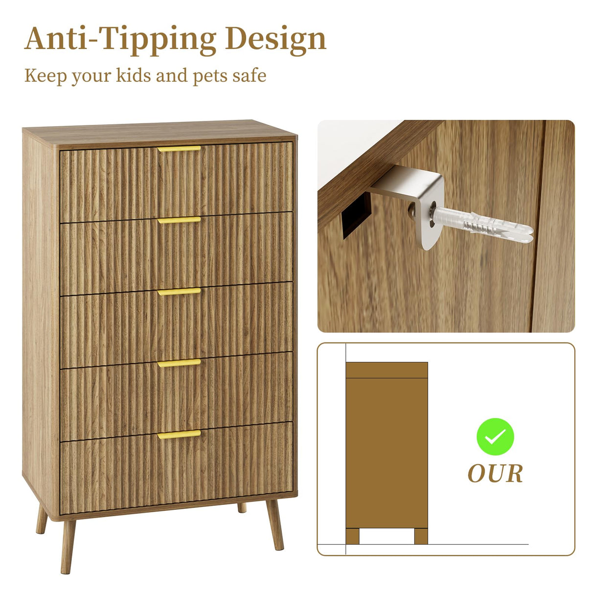 LYNSOM Fluted 5 Drawers Dresser, 45" Tall Modern Chest of Drawers with Metal Handle and Curved Profile Design, Wood Drawer Organizer for Bedroom, Living Room, Hallway, Entryway, Natural Oak LYNSOM