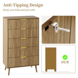 LYNSOM Fluted 5 Drawers Dresser, 45" Tall Modern Chest of Drawers with Metal Handle and Curved Profile Design, Wood Drawer Organizer for Bedroom, Living Room, Hallway, Entryway, Natural Oak LYNSOM