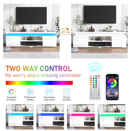 Hlivelood LED TV Stand for 75 Inch TV, Modern TV Stand with Power Outlet, High Gloss TV Console Entertainment Center with Storage and LED Lights for Living Room, Bedroom (66 Inch, White) Hlivelood