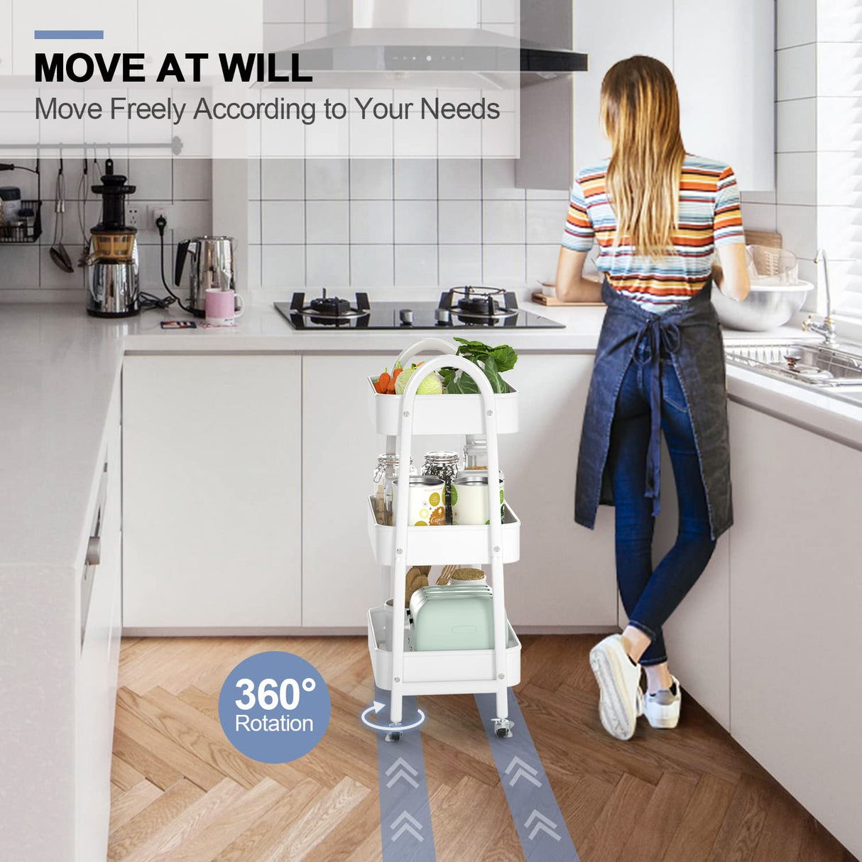 EAGMAK 3 Tier Utility Rolling Cart, Metal Storage Cart with Handle and Lockable Wheels, Multifunctional Storage Organizer Trolley with Mesh Baskets for Kitchen, Living Room, Office, Garage (White) EAGMAK