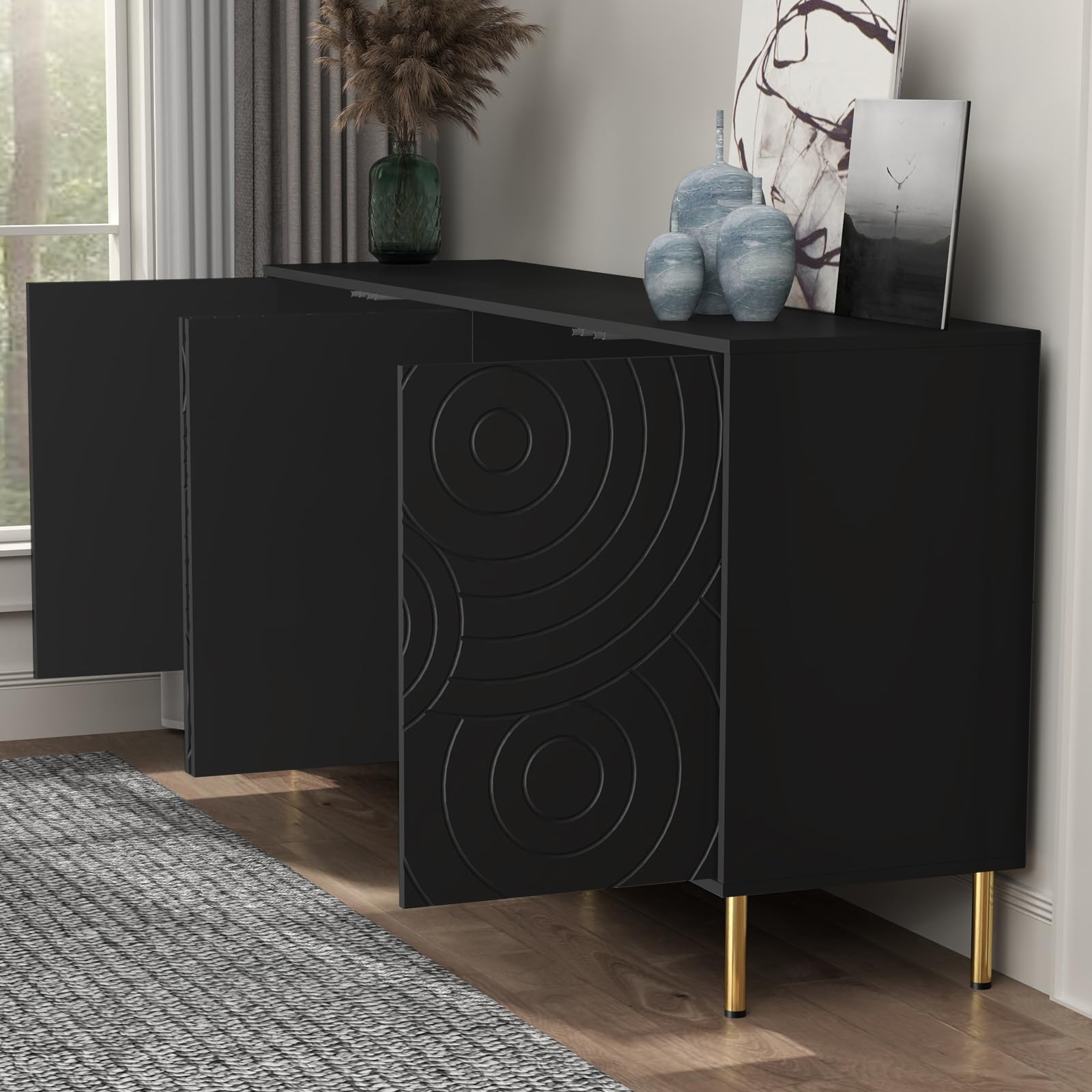 howcool 63'' Wide Sideboard Buffet Cabinet Handle-Free Accent Storage Credenza with 4 Door and Adjustable Shelf, Modern Coffee Bar Server for Kitchen, Living Dining Room, Large, Black - WoodArtSupply