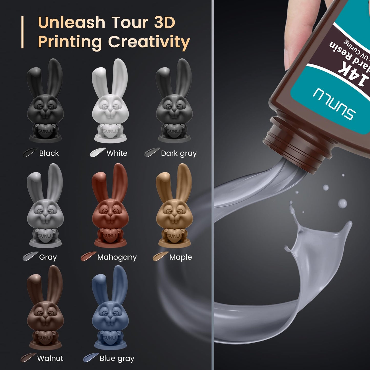 SUNLU 14K High Precision 3D Printer Resin 1KG, Standard 3D Printing Resin for Detail Printing Miniatures, Fast Curing 405nm UV Photopolymer Resin, Smooth Matte Surface, Better Liquidity, 1000G Black