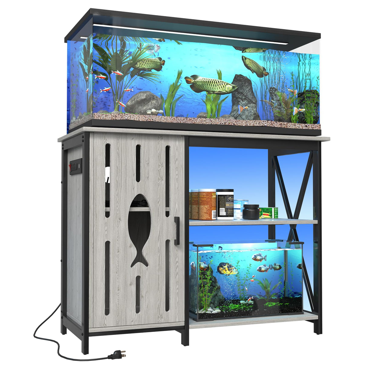 PAPIHO 40-50 Gallon Aquarium Stand,Fish Tank Stand with Cabinet Storage,Power Outlets & LED Light,Heavy Duty Metal Frame Aquarium Stand for Turtle Tank,Reptile Terrarium,800LBS Capacity,Grey PAPIHO